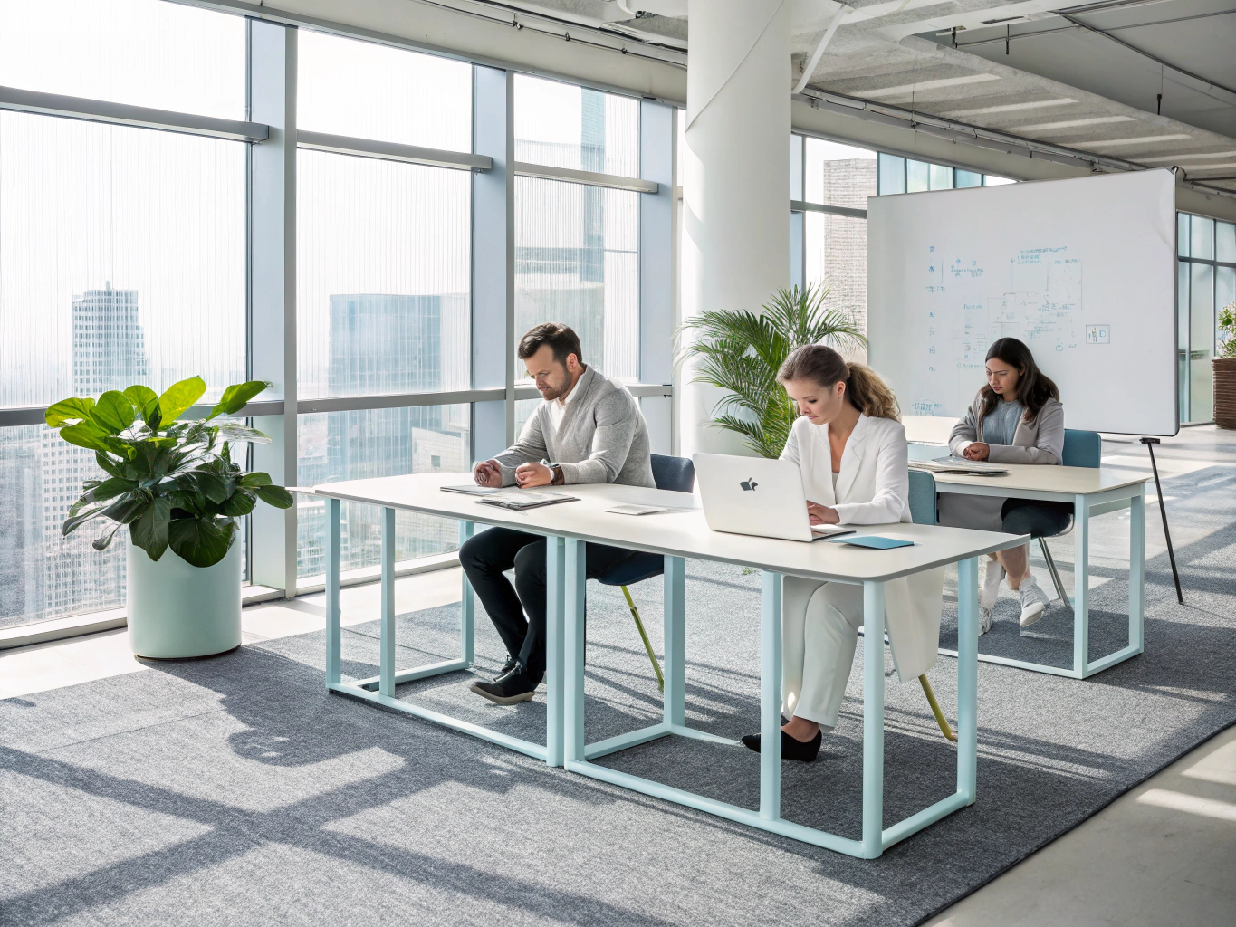 Profesionales en oficina moderna utilizando sistemas de comunicación unificada